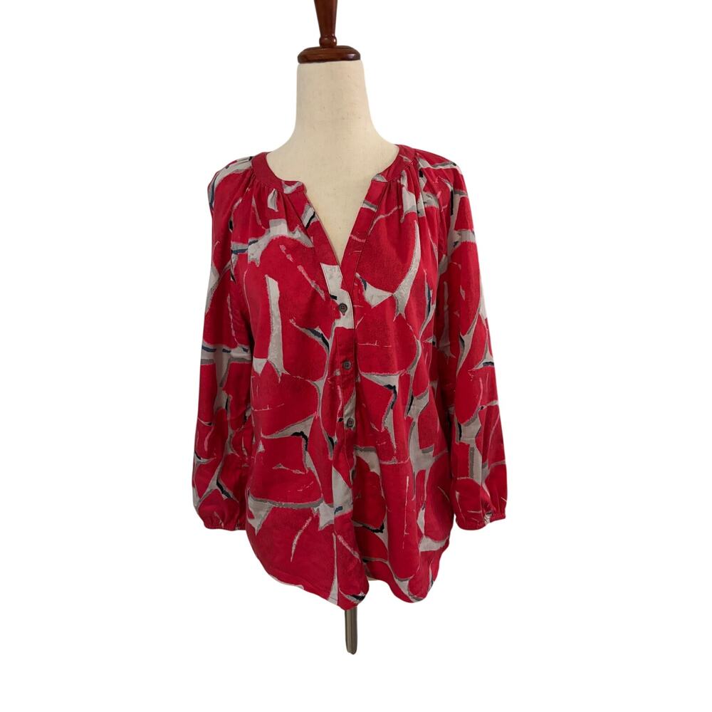 Nic + Zoe Red White Abstract Heart Print Blouse Women’s Small Button Front Top